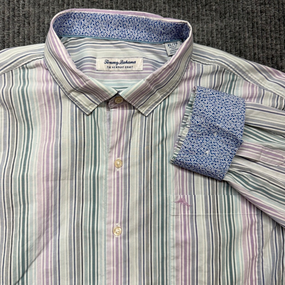Tommy Bahama Newport Coast Shirt Mens XL Striped Pima Cotton Blend Flip Cuff